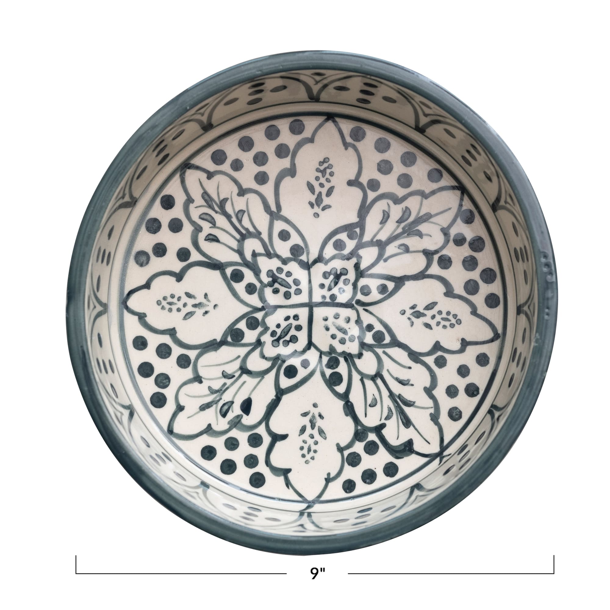 Hello Honey® 9" Cream & Blue Botanical Design Hand-Painted Stoneware Pet Bowl